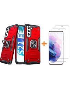 Ntech Samsung Galaxy S21 FE Hoesje armor Met ring houder Rood Plus screenprotector 2 pack