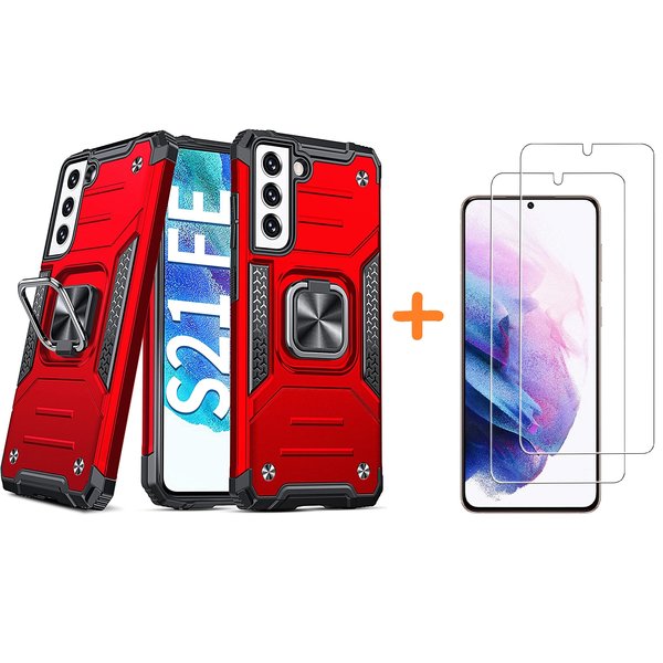 Ntech Hoesje Geschikt Voor Samsung Galaxy S21 FE Hoesje Heavy Duty Armor Hoesje Rood - Galaxy S21 FE Case Kickstand Ring cover met Magnetisch Auto Mount- Hoesje Geschikt Voor Samsung Galaxy S21 FE screenprotector 2 pack