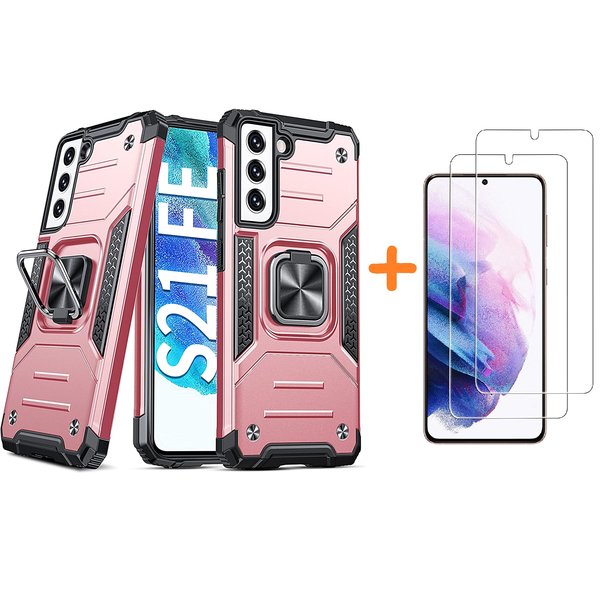 Ntech Hoesje Geschikt Voor Samsung Galaxy S21 FE Hoesje Heavy Duty Armor Hoesje Rose Goud - Galaxy S21 FE Case Kickstand Ring cover met Magnetisch Auto Mount- Hoesje Geschikt Voor Samsung Galaxy S21 FE screenprotector 2 pack