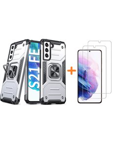 Ntech Samsung Galaxy S21 FE Hoesje armor Met ring houder Zliver Plus screenprotector 2 pack