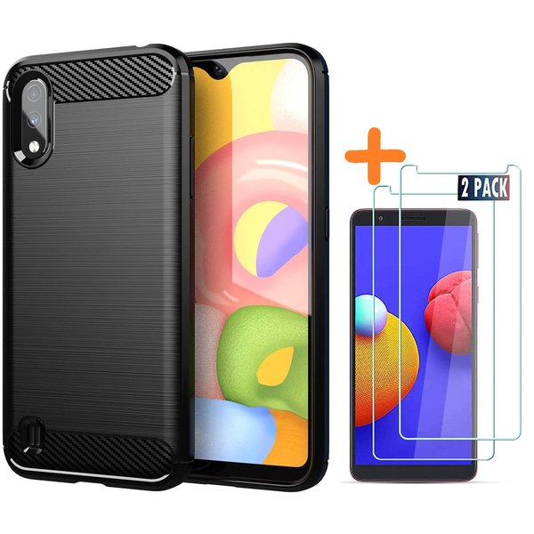 Ntech Hoesje Geschikt Voor Samsung Galaxy A01 Core hoesje Geborsteld Zwart  siliconen Carbon Fiber Optics - Brushed Silicone Colour TPU Cover  Screenprotector 2 pack