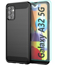 Ntech Samsung A32 hoesje Geborsteld Zwart - Galaxy A32 5G siliconen Carbon Fiber Optics - Brushed Silicone Colour TPU Cover - Galaxy A32 Screenprotector 2 pack