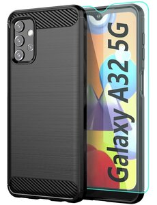 Ntech Samsung A32 hoesje Geborsteld Zwart - Galaxy A32 5G siliconen Carbon Fiber Optics - Brushed Silicone Colour TPU Cover - Galaxy A32 Screenprotector 2 pack