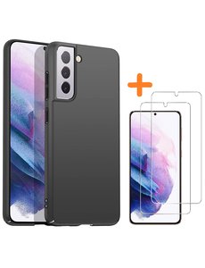Ntech Samsung Galaxy S21 FE Hoesje silicone hoesje TPU Zwart Plus Screenprotector 2 pack