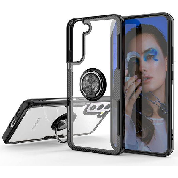 Ntech Hoesje Geschikt Voor Samsung Galaxy S22 hoesje Luxe carbon TPU Backcover - Hoesje Geschikt Voor Samsung Galaxy S22 hoesje met Ring houder / Ring vinger houder / standaard - Zwart