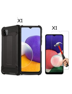 Ntech Samsung A22 5G Hoesje Schokbestendig Hybride hoesje - Samsung Galaxy A22 Hoesje Rugged Armour Cover Heavy Duty Zwart - Galaxy A22 1x Screenprotector