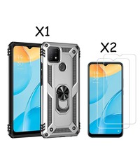 Ntech Oppo A15 Hoesje armor Met ring houder Zliver - Oppo A15s hoesje  / Oppo A35 2021 hoesje met Kickstand TPU backcover hoesje - Oppo A15 / A15s screenprotector 2 pack