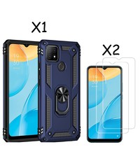 Ntech Oppo A15 Hoesje armor Met ring houder Blauw - Oppo A15s hoesje  / Oppo A35 2021 hoesje met Kickstand TPU backcover hoesje - Oppo A15 / A15s screenprotector 2 pack