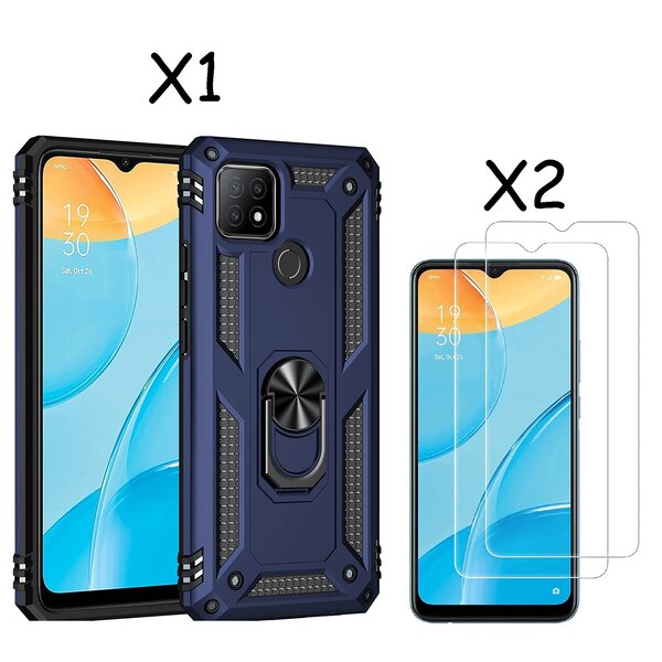 Ntech Oppo A15 Hoesje armor Met ring houder Blauw - Oppo A15s hoesje  / Oppo A35 2021 hoesje met Kickstand TPU backcover hoesje - Oppo A15 / A15s screenprotector 2 pack