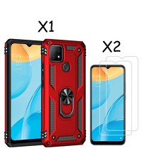 Ntech Oppo A15 Hoesje armor Met ring houder Rood - Oppo A15s hoesje  / Oppo A35 2021 hoesje met Kickstand TPU backcover hoesje - Oppo A15 / A15s screenprotector 2 pack