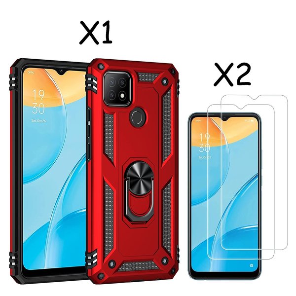 Ntech Oppo A15 Hoesje armor Met ring houder Rood - Oppo A15s hoesje  / Oppo A35 2021 hoesje met Kickstand TPU backcover hoesje - Oppo A15 / A15s screenprotector 2 pack