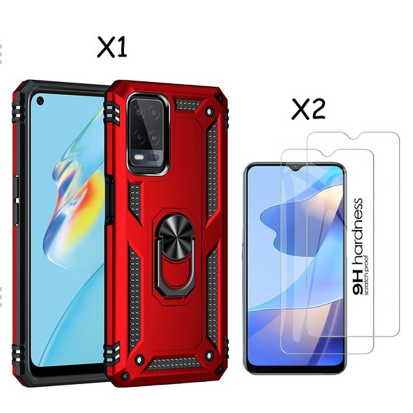 Ntech Oppo A16 Hoesje armor Met ring houder Rood - Oppo A16s hoesje  / Oppo A54s hoesje met Kickstand TPU backcover hoesje - Oppo A16 / A16s screenprotector 2 pack