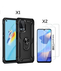 Ntech Oppo A16 Hoesje armor Met ring houder Zwart - Oppo A16s hoesje  / Oppo A54s hoesje met Kickstand TPU backcover hoesje - Oppo A16 / A16s screenprotector 2 pack