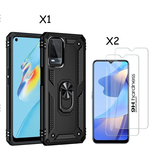 Ntech Oppo A16 Hoesje armor Met ring houder Zwart - Oppo A16s hoesje  / Oppo A54s hoesje met Kickstand TPU backcover hoesje - Oppo A16 / A16s screenprotector 2 pack