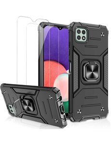 Ntech Samsung A22 Hoesje Heavy Duty Armor Hoesje Zwart - Galaxy A22 4G Case Kickstand Ring cover met Magnetisch Auto Mount- Samsung A22 4G screenprotector 2 pack
