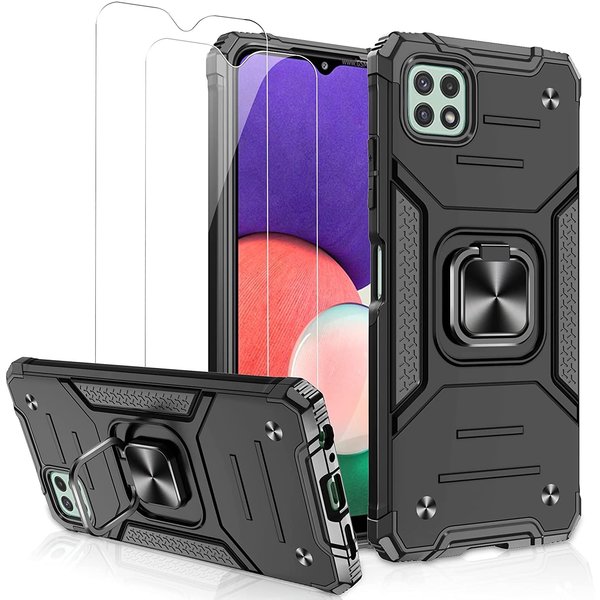 Ntech Hoesje Geschikt Voor Samsung Galaxy A22 Hoesje Heavy Duty Armor Hoesje Zwart - Galaxy A22 4G Case Kickstand Ring cover met Magnetisch Auto Mount- Hoesje Geschikt Voor Samsung Galaxy A22 4G screenprotector 2 pack