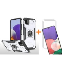 Ntech Samsung A22 Hoesje Heavy Duty Armor Hoesje Zliver - Galaxy A22 4G Case Kickstand Ring cover met Magnetisch Auto Mount- Samsung A22 4G screenprotector 2 pack