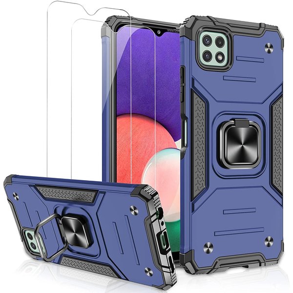 Ntech Hoesje Geschikt Voor Samsung Galaxy A22 Hoesje Heavy Duty Armor Hoesje Blauw - Galaxy A22 / M22 hoesje 4G Case Kickstand Ring cover met Magnetisch Auto Mount- Hoesje Geschikt Voor Samsung Galaxy A22 4G screenprotector 2 pack