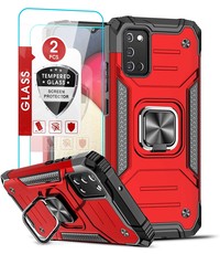 Ntech Samsung A03s Hoesje Heavy Duty Armor Hoesje Rood - Galaxy A03S Case Kickstand Ring cover met Magnetisch Auto Mount- Samsung A03S screenprotector 2 pack