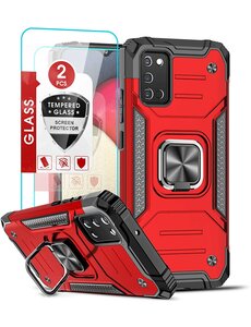 Ntech Samsung A03s Hoesje Heavy Duty Armor Hoesje Rood - Galaxy A03S Case Kickstand Ring cover met Magnetisch Auto Mount- Samsung A03S screenprotector 2 pack