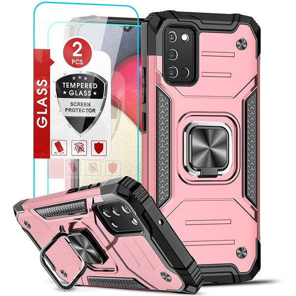 Ntech Hoesje Geschikt Voor Samsung Galaxy A03s Hoesje Heavy Duty Armor Hoesje Rose Goud - Galaxy A03S Case Kickstand Ring cover met Magnetisch Auto Mount- Hoesje Geschikt Voor Samsung Galaxy A03S screenprotector 2 pack