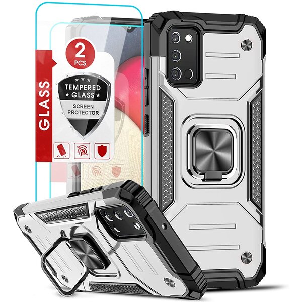 Ntech Hoesje Geschikt Voor Samsung Galaxy A03s Hoesje Heavy Duty Armor Hoesje Zliver - Galaxy A03S Case Kickstand Ring cover met Magnetisch Auto Mount- Hoesje Geschikt Voor Samsung Galaxy A03S screenprotector 2 pack