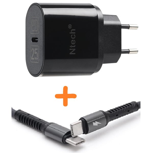 Ntech USB C Adapter 25W Snellader Met USB C naar USB C kabel 1M- Zwart