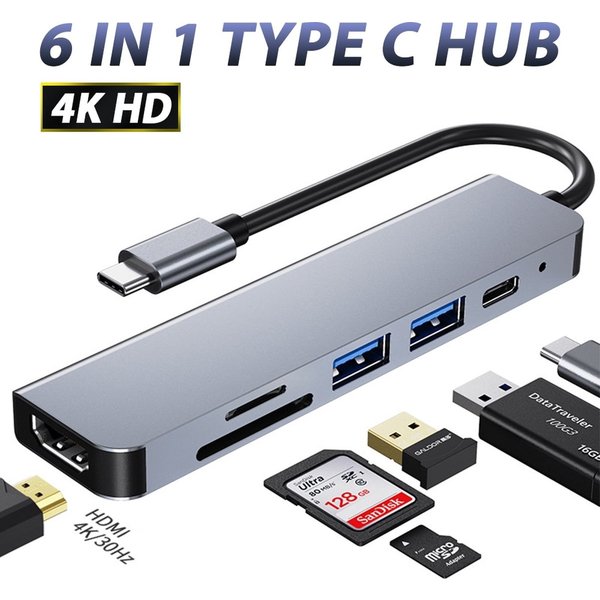 Eisenz Originele Eisen USB C HUB 6 in 1 - met/naar HDMI 4K, 2x USB 3.0 (Thunderbolt), USB C opladen, Micro/SD card reader Hub | Geschikt voor Apple Macbook Pro, Air, Lenovo, Geschikt voor Samsung, Asus, Acer, HP en Dell.