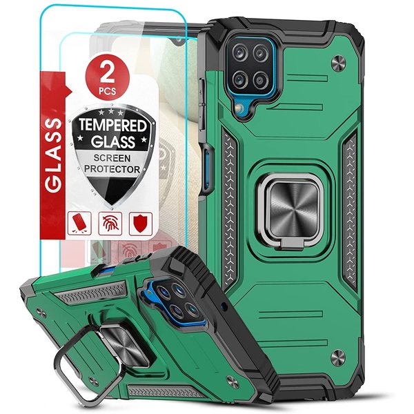 Ntech Hoesje Geschikt Voor Samsung Galaxy A12 Hoesje Heavy Duty Armor Hoesje Donker Groen - Galaxy A12 Case Kickstand Ring cover met Magnetisch Auto Mount- Hoesje Geschikt Voor Samsung Galaxy A12 screenprotector 2 pack