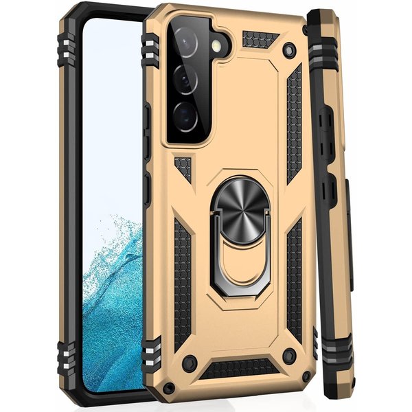 Ntech Hoesje Geschikt Voor Samsung Galaxy S22 Plus Hoesje Anti-Shock Hybrid Armor Goud - Hoesje Geschikt Voor Samsung Galaxy S22 Plus hoesje met Kickstand Ring Houder - Kunststof - Back Cover