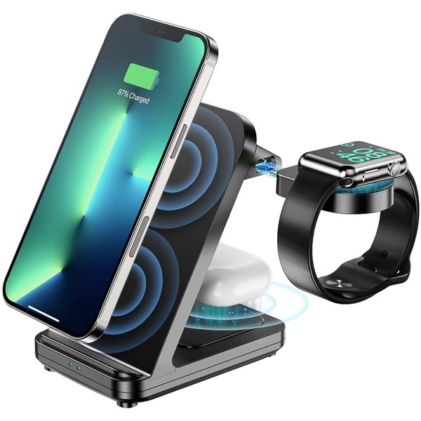 Ntech Oplader 3 in 1 draadloze Oplader 15w - Oplaadstation Opvouwbaar - Draadloze snellader  Geschikt voor iPhone 16/ 16 Pro / 15 / 15 Pro  /13/ 14 pro max - Wireless Charger - Qi Lader - Geschikt voor iPhone,iWatch & AirPods - Zwart