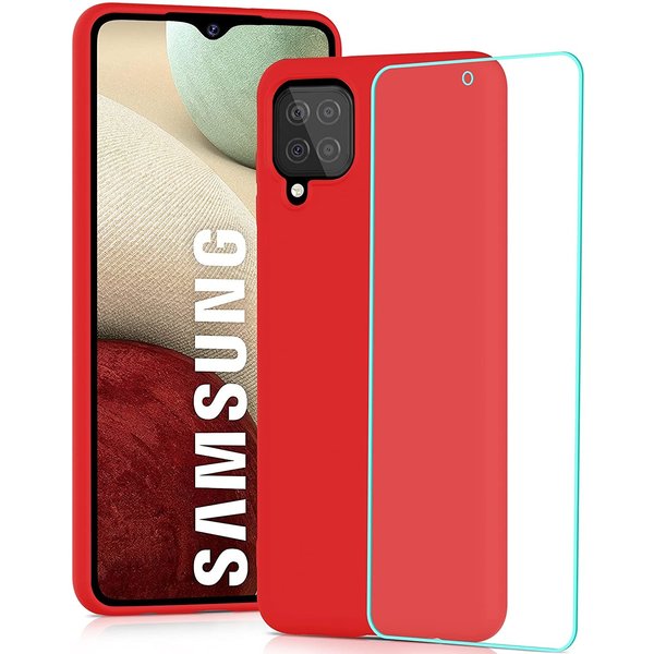 Ntech Hoesje Geschikt Voor Samsung Galaxy A12 hoesje - A22 5G hoesje Silicone Rood - Galaxy A12 / Hoesje Geschikt Voor Samsung Galaxy M12 hoesje Liquid Silicone Soft Nano cover - 2pack Screenprotector Galaxy A12 / M12