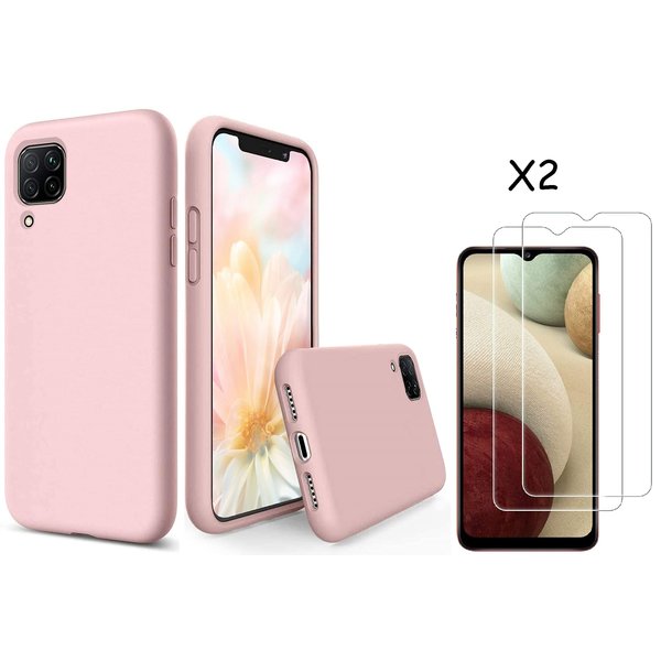 Ntech Hoesje Geschikt Voor Samsung Galaxy A12 hoesje - A22 5G hoesje Silicone Pink Sand - Galaxy A12 / Hoesje Geschikt Voor Samsung Galaxy M12 hoesje Liquid Silicone Soft Nano cover - 2pack Screenprotector Galaxy A12 / M12