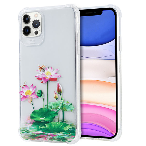 Ntech Siliconen Hoesje met bloemenprint  Geschikt voor iPhone 11 Pro Max Lotusbloemen – Transparant