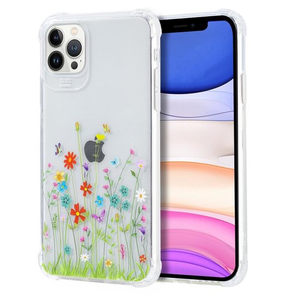 Ntech Siliconen Hoesje met bloemenprint  Geschikt voor iPhone 12 Pro Max Bloemenveld met vlinder Transparant