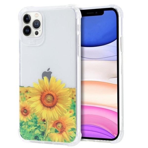 Ntech Siliconen Hoesje met bloemenprint  Geschikt voor iPhone 12 Pro Max Zonnebloemen Transparant