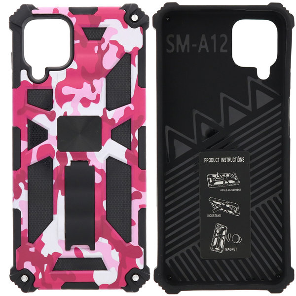 Ntech Hoesje Geschikt Voor Samsung Galaxy A12 (5G) Hoesje - Rugged Extreme Backcover Camouflage met Kickstand - Pink