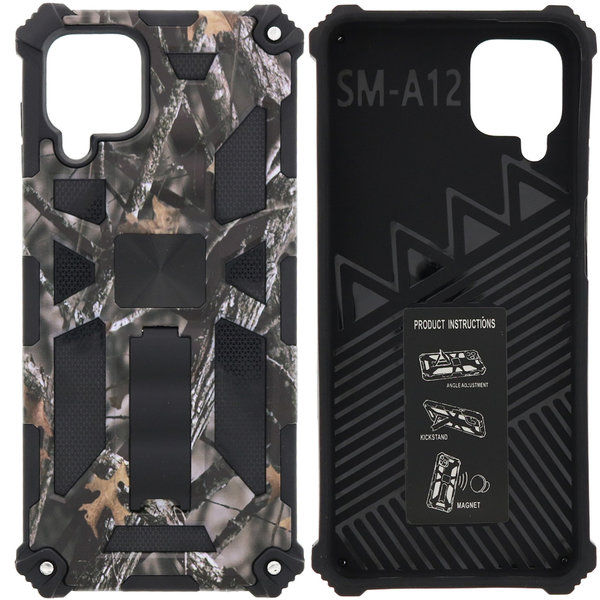 Ntech Hoesje Geschikt Voor Samsung Galaxy A12 (5G) Hoesje - Rugged Extreme Backcover Takjes Camouflage met Kickstand – Grijs