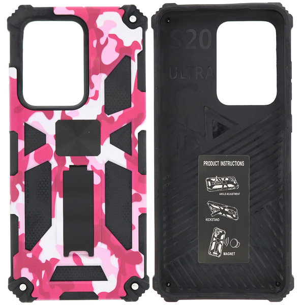 Ntech Hoesje Geschikt Voor Samsung Galaxy S20 Ultra Hoesje - Rugged Extreme Backcover Camouflage met Kickstand - Pink