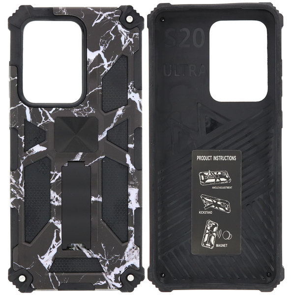 Ntech Hoesje Geschikt Voor Samsung Galaxy S20 Ultra Hoesje - Rugged Extreme Backcover Marmer Camouflage met Kickstand - Zwart