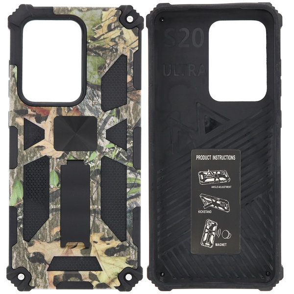 Ntech Hoesje Geschikt Voor Samsung Galaxy S20 Ultra Hoesje - Rugged Extreme Backcover Blaadjes Camouflage met Kickstand - Groen