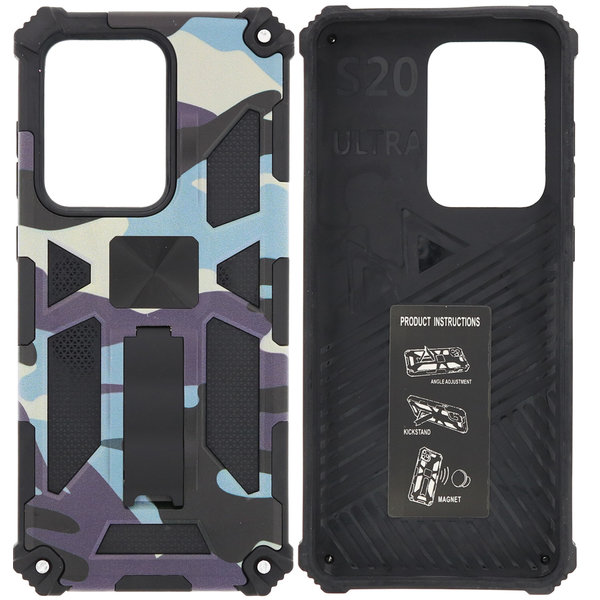 Ntech Hoesje Geschikt Voor Samsung Galaxy S20 Ultra Hoesje - Rugged Extreme Backcover Camouflage met Kickstand - Paars