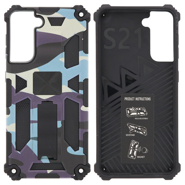 Ntech Hoesje Geschikt Voor Samsung Galaxy S21 Hoesje - Rugged Extreme Backcover Camouflage met Kickstand - Paars