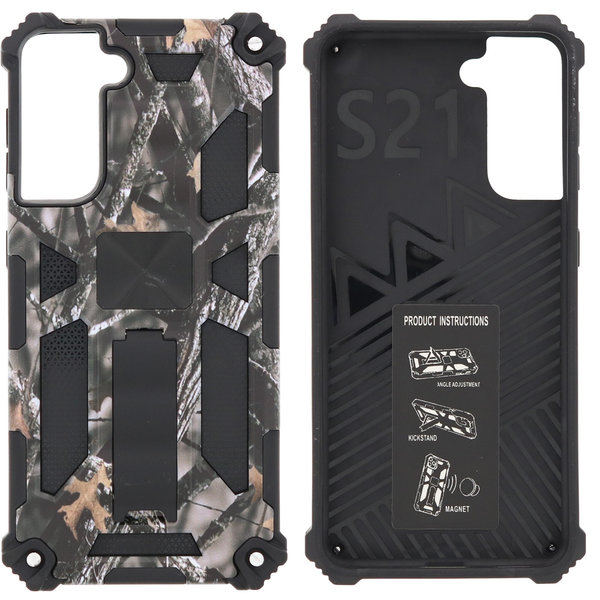Ntech Hoesje Geschikt Voor Samsung Galaxy S21 Hoesje - Rugged Extreme Backcover Takjes Camouflage met Kickstand - Grijs