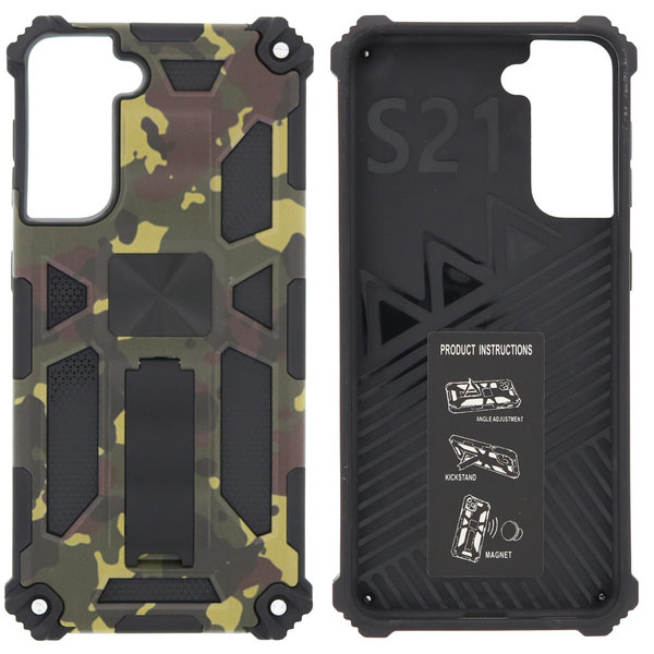 Ntech Hoesje Geschikt Voor Samsung Galaxy S21 Hoesje - Rugged Extreme Backcover Army Camouflage met Kickstand - Groen