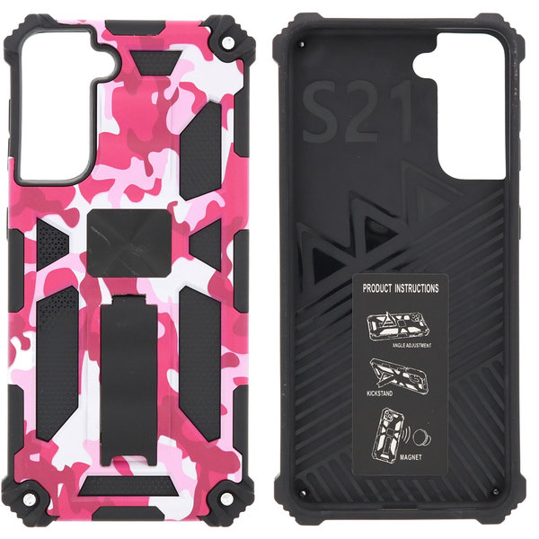 Ntech Hoesje Geschikt Voor Samsung Galaxy S21 Hoesje - Rugged Extreme Backcover Camouflage met Kickstand - Pink