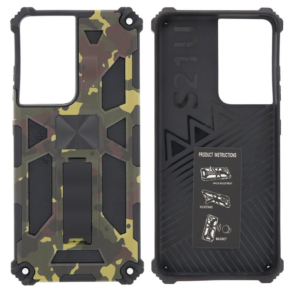 Ntech Hoesje Geschikt Voor Samsung Galaxy S21 Plus Hoesje - Rugged Extreme Backcover Army Camouflage met Kickstand - Groen