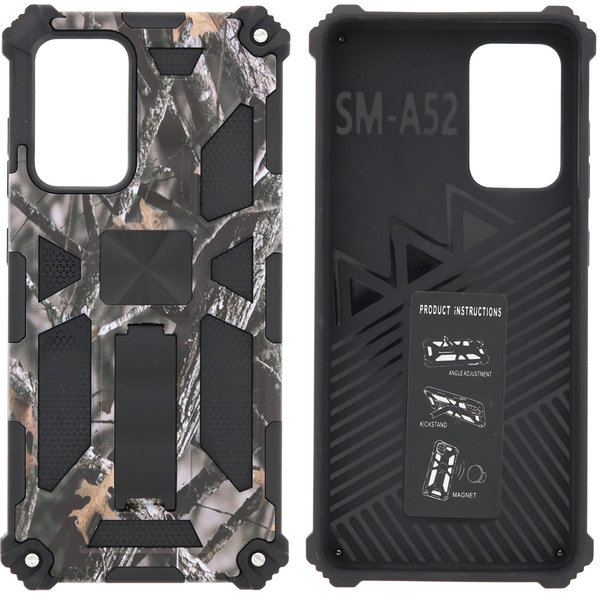 Ntech Hoesje Geschikt Voor Samsung Galaxy A72 (5G) Hoesje - Rugged Extreme Backcover Takjes Camouflage met Kickstand - Grijs