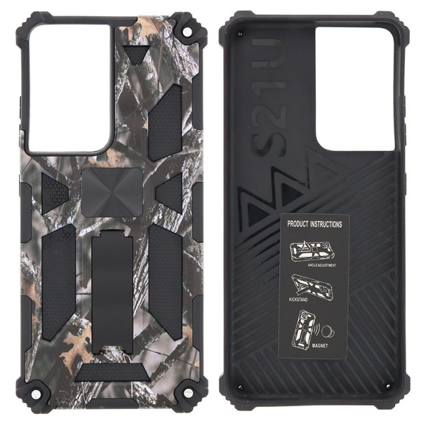 Ntech Hoesje Geschikt Voor Samsung Galaxy S21 Ultra Hoesje - Rugged Extreme Backcover Takjes Camouflage met Kickstand - Grijs