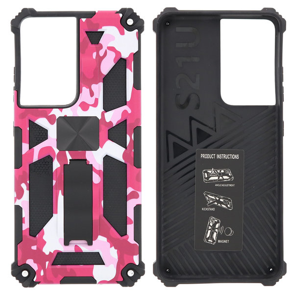 Ntech Hoesje Geschikt Voor Samsung Galaxy S21 Ultra Hoesje - Rugged Extreme Backcover Camouflage met Kickstand - Pink